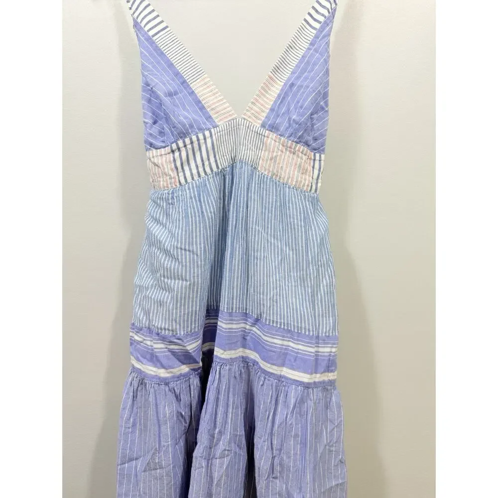 LE SUPERBE Blue White Striped V-Neck Tie Back Strappy Midi Sundress Women’s XS